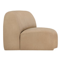 Beige upholstered accent chair with a soft, textured finish and rounded edges. Modern minimalist design.