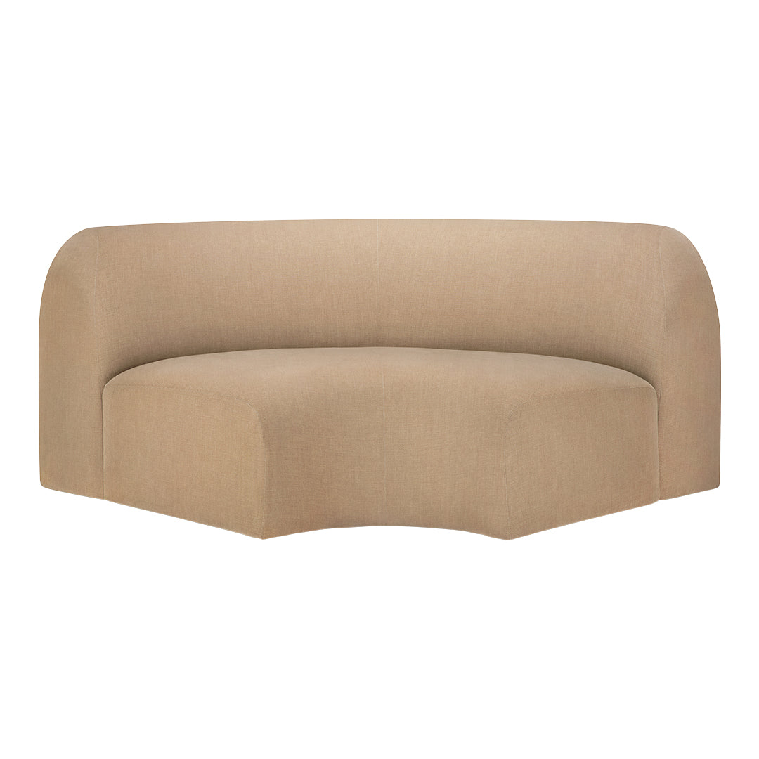 Beige curved sofa with a soft, textured fabric and smooth lines, perfect for modern interiors.