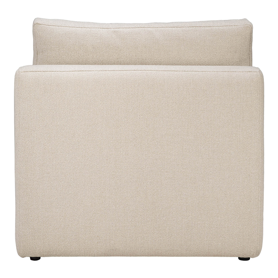 Cream-colored upholstered chair with a smooth, minimalist design and no visible patterns.
