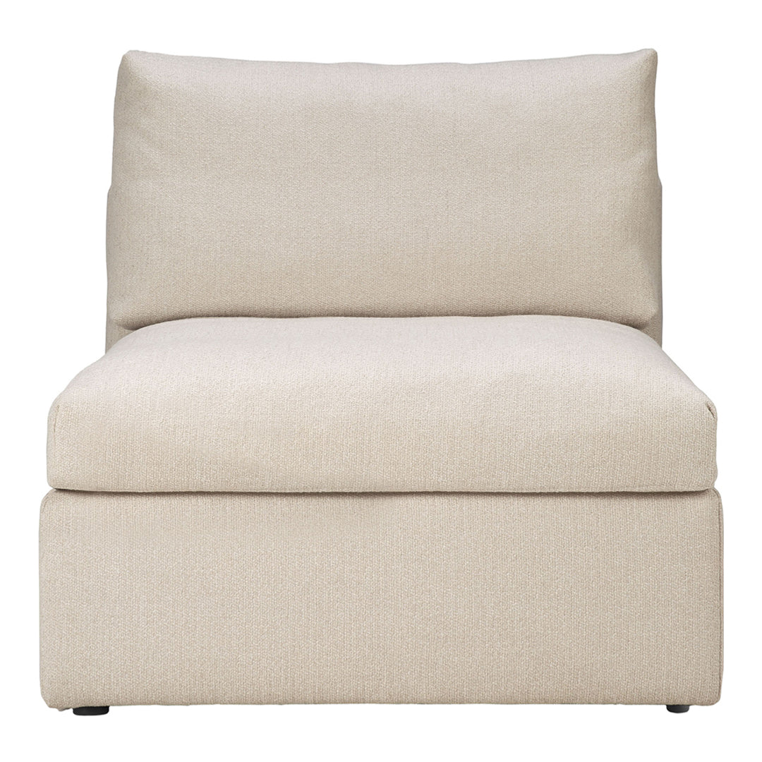 "Light beige upholstered chair with a simple, modern design and soft, textured fabric."
