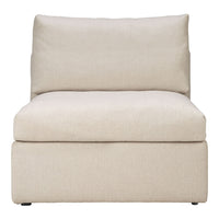 "Light beige upholstered chair with a simple, modern design and soft, textured fabric."