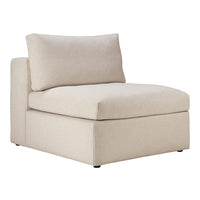 Beige upholstered accent chair with clean lines and a simple, modern design. Soft fabric and a minimalist style.