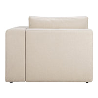Beige fabric armchair with clean lines and a solid color design, featuring a simple, modern aesthetic.
