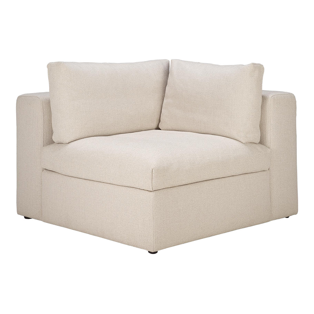 Beige corner sofa with soft, textured fabric and clean, modern lines for a contemporary living space.