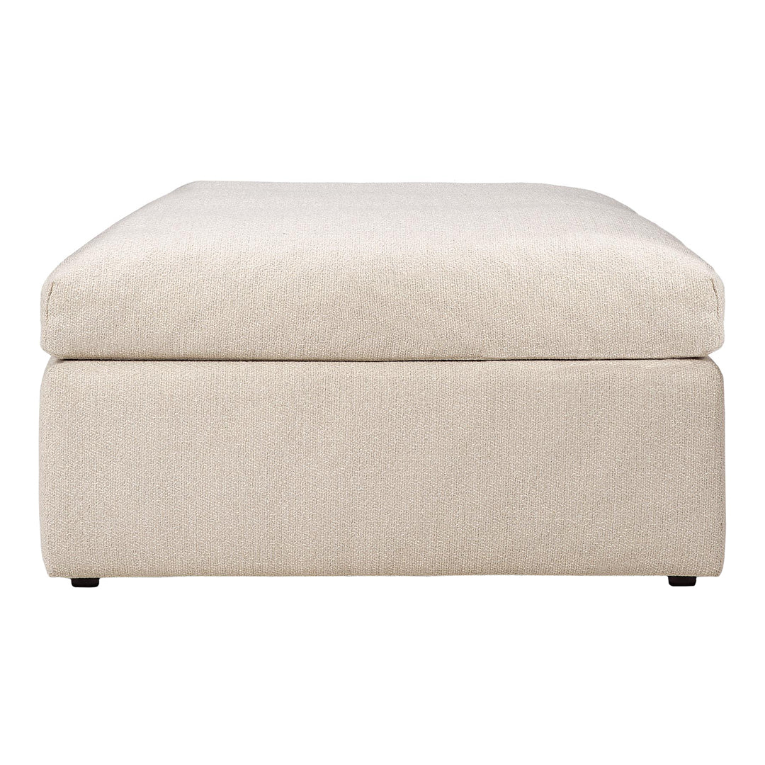 Beige upholstered ottoman with a smooth, solid pattern. Minimalist design perfect for modern decor.