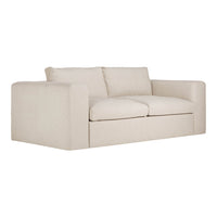 Beige modern sofa with clean lines and a minimalist design, featuring soft, solid upholstery. Perfect for contemporary spaces.