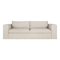 Beige, modern sofa with clean lines and textured fabric, featuring two large cushions for added comfort.