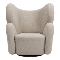 Beige upholstered swivel chair with a textured pattern, featuring soft, rounded arms and a modern silhouette.