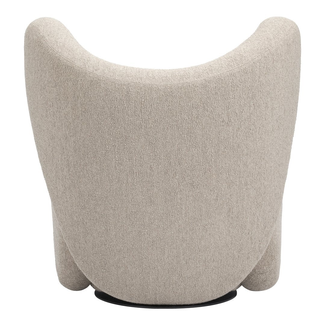 Neutral beige fabric armchair with a smooth, curved silhouette and black circular base. Ideal for modern decor.