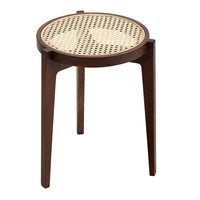 Round wooden stool with a dark brown frame and natural cane woven surface pattern, perfect for modern decor.