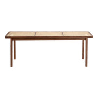 Natural wood table with a woven cane pattern top and smooth finish, featuring warm brown hues and a sleek rectangular design.