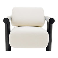 White textured lounge chair with black wooden arms, modern minimalist design.