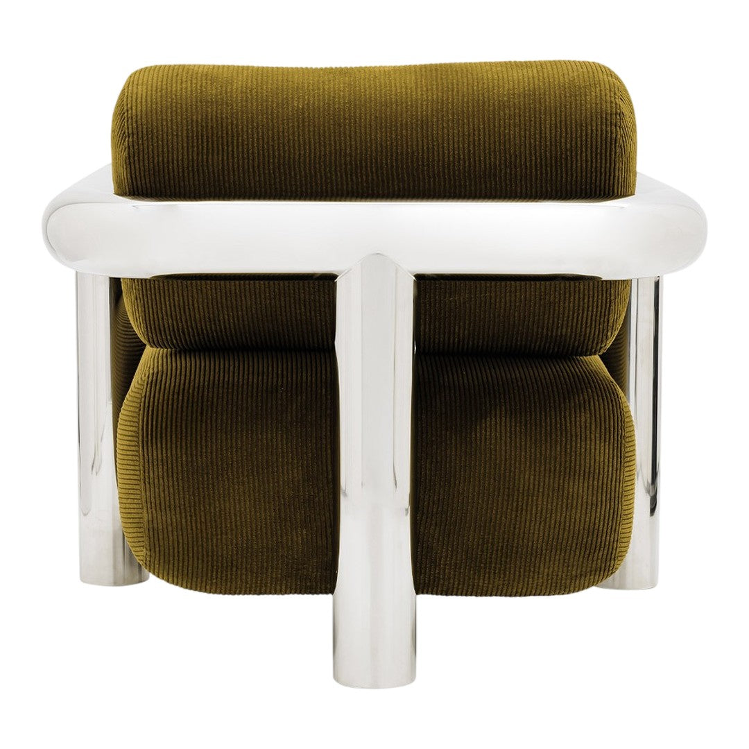 Stylish olive green corduroy armchair with sleek chrome accents. Modern design with rich texture and vibrant color.