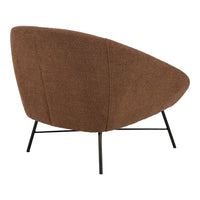 Brown textured chair with curved back and black metal legs, featuring a simple and modern design.