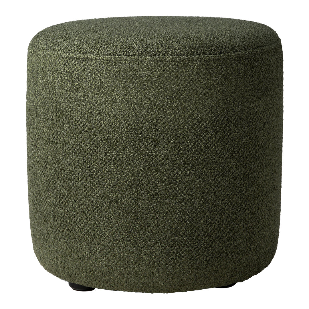 Green textured ottoman with a round shape, featuring a subtle herringbone pattern. Ideal for modern decor.