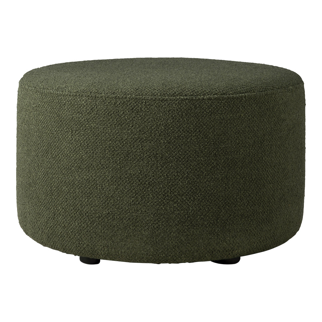 Round ottoman in textured olive green fabric, perfect for any modern living space.