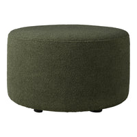 Round ottoman in textured olive green fabric, perfect for any modern living space.