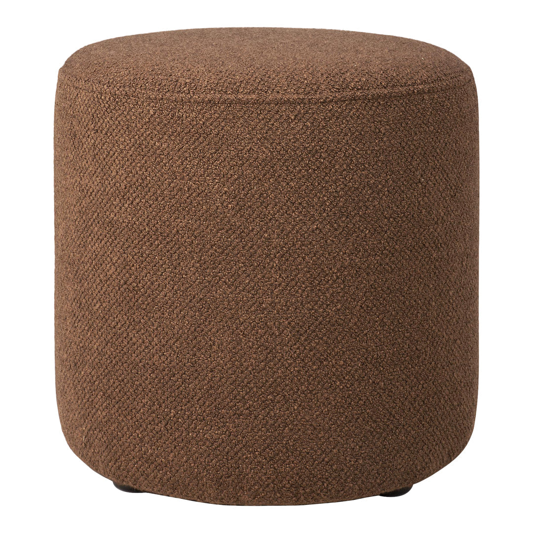 Round brown upholstered ottoman with a textured herringbone pattern. Ideal for modern decor.