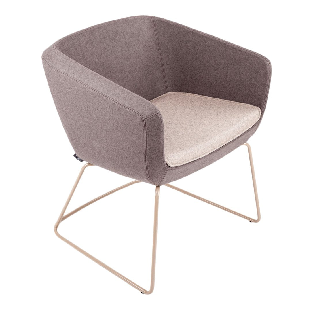 Gray upholstered chair with a light beige seat cushion and sleek metal legs, featuring a modern minimalist design.