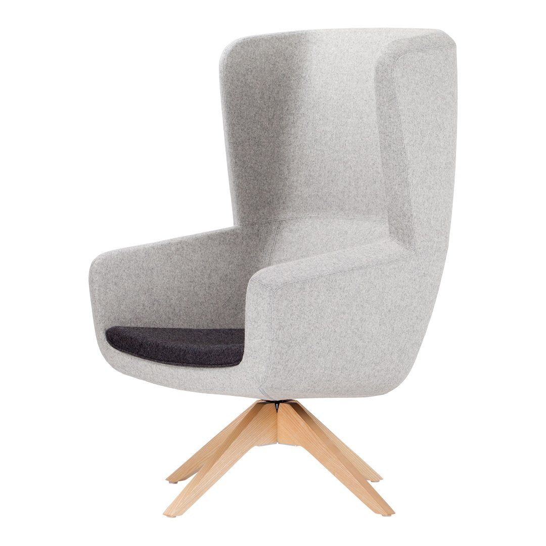 Gray upholstered chair with a dark gray seat and light wood legs, featuring a sleek, modern design.