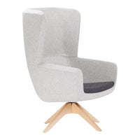 Light gray upholstered chair with a dark gray seat cushion and natural wood legs. Modern minimalist design.