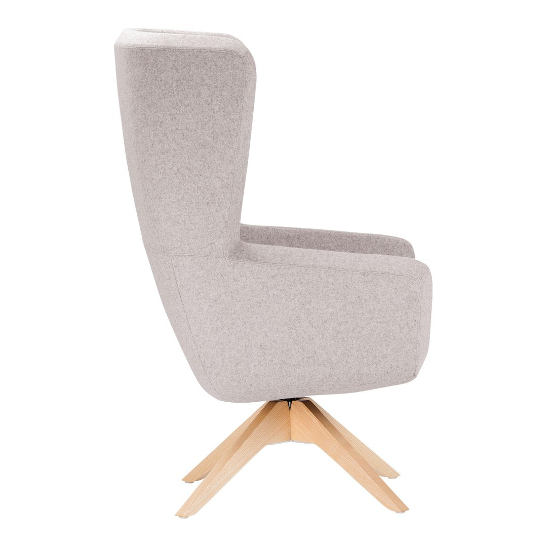 Light gray upholstered chair with a smooth finish and natural wood legs for a modern, minimalist look.