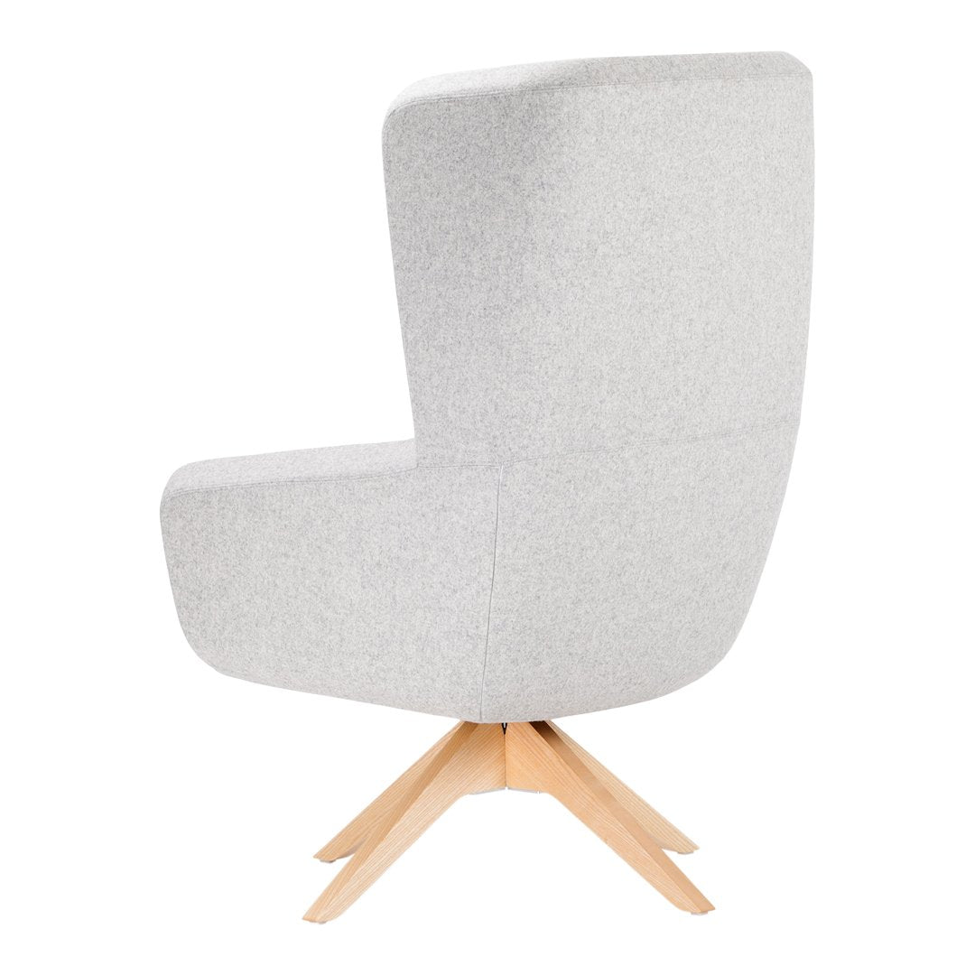 Light gray fabric accent chair with minimalist design and natural wood legs. Smooth texture with a contemporary look.