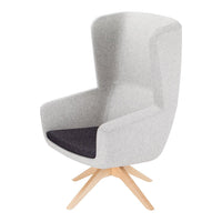 Modern high-back chair featuring a soft gray design with a dark gray seat and natural wood legs.