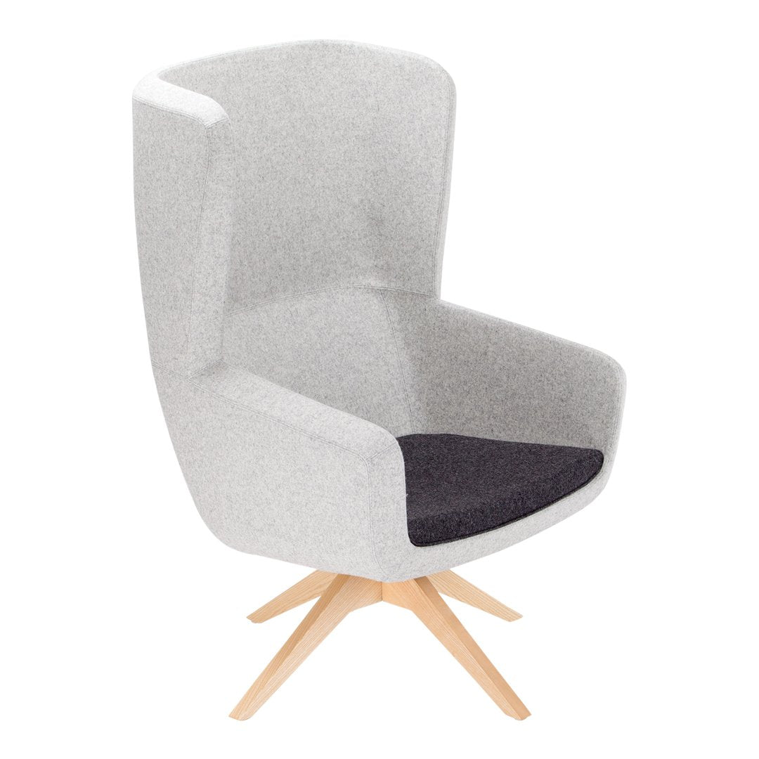 Gray and black upholstered armchair with a wooden base, featuring a modern, minimalist design.