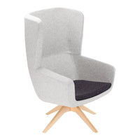 Gray and black upholstered armchair with a wooden base, featuring a modern, minimalist design.