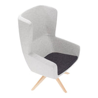 Gray high-back chair with a black seat cushion and natural wood legs, featuring a sleek, modern design.