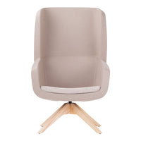 Modern swivel chair in soft taupe with light gray cushion and natural wood base. Smooth, minimalist design.