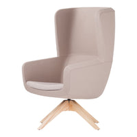 Light taupe armchair with a simple, smooth design, complemented by a natural wood base.