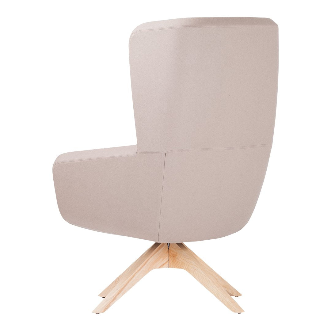 Light beige upholstered chair with a smooth finish and natural wood legs, featuring a modern, minimalist design.