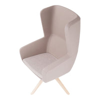 Soft beige upholstered chair with a minimalist design and textured seat, featuring natural wooden legs.