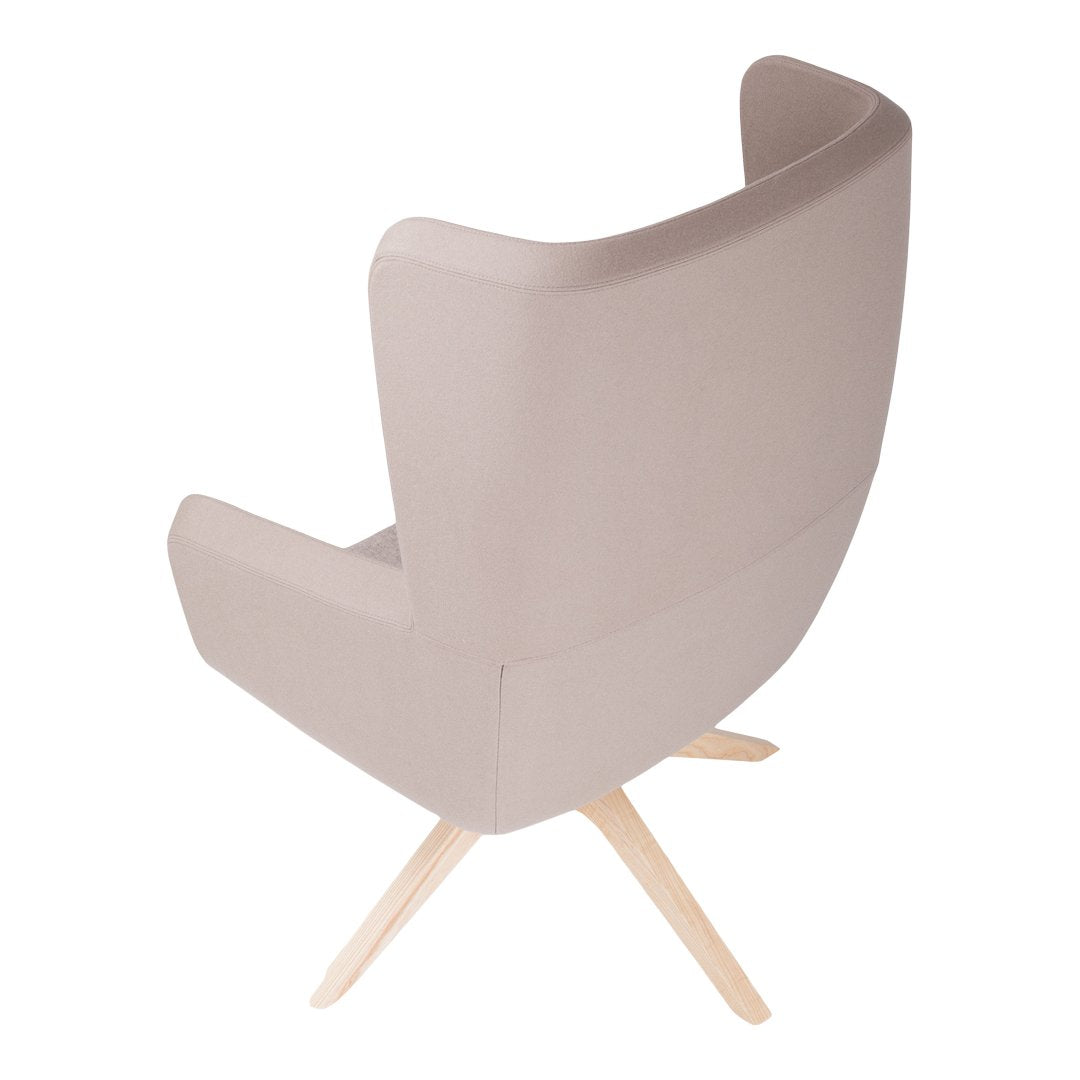 Light beige upholstered chair with a smooth finish and natural wood legs, featuring a simple, modern design.