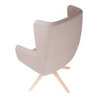 Light beige upholstered chair with a smooth finish and natural wood legs, featuring a simple, modern design.