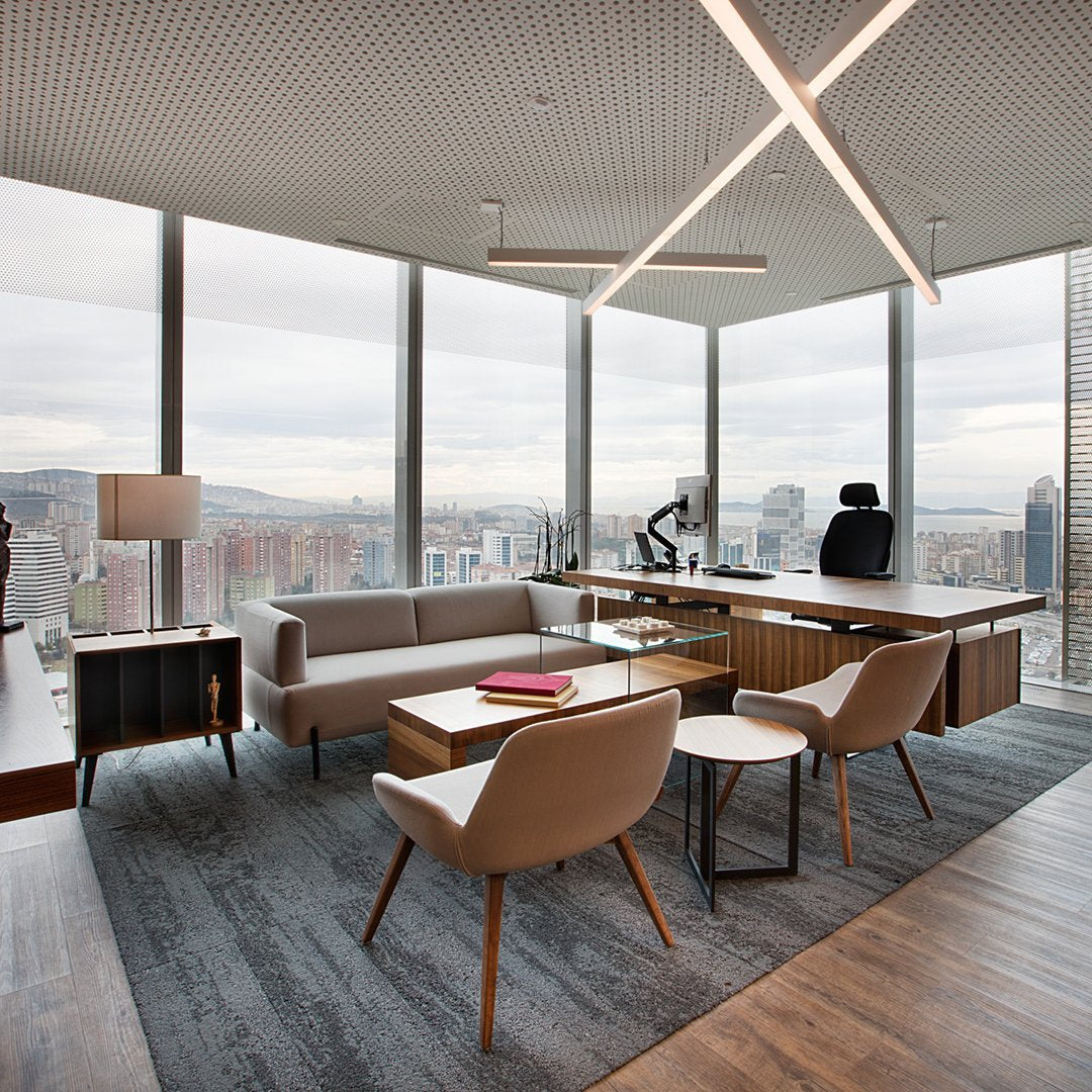 Modern office space featuring light wood tones, gray walls, and geometric patterns in decor and furnishings.