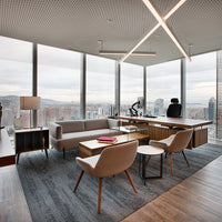 Modern office space featuring light wood tones, gray walls, and geometric patterns in decor and furnishings.