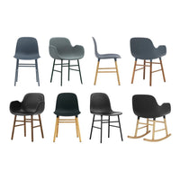 Set of eight chairs in various shades of gray, black, and wood finishes, featuring sleek, modern designs and patterns.