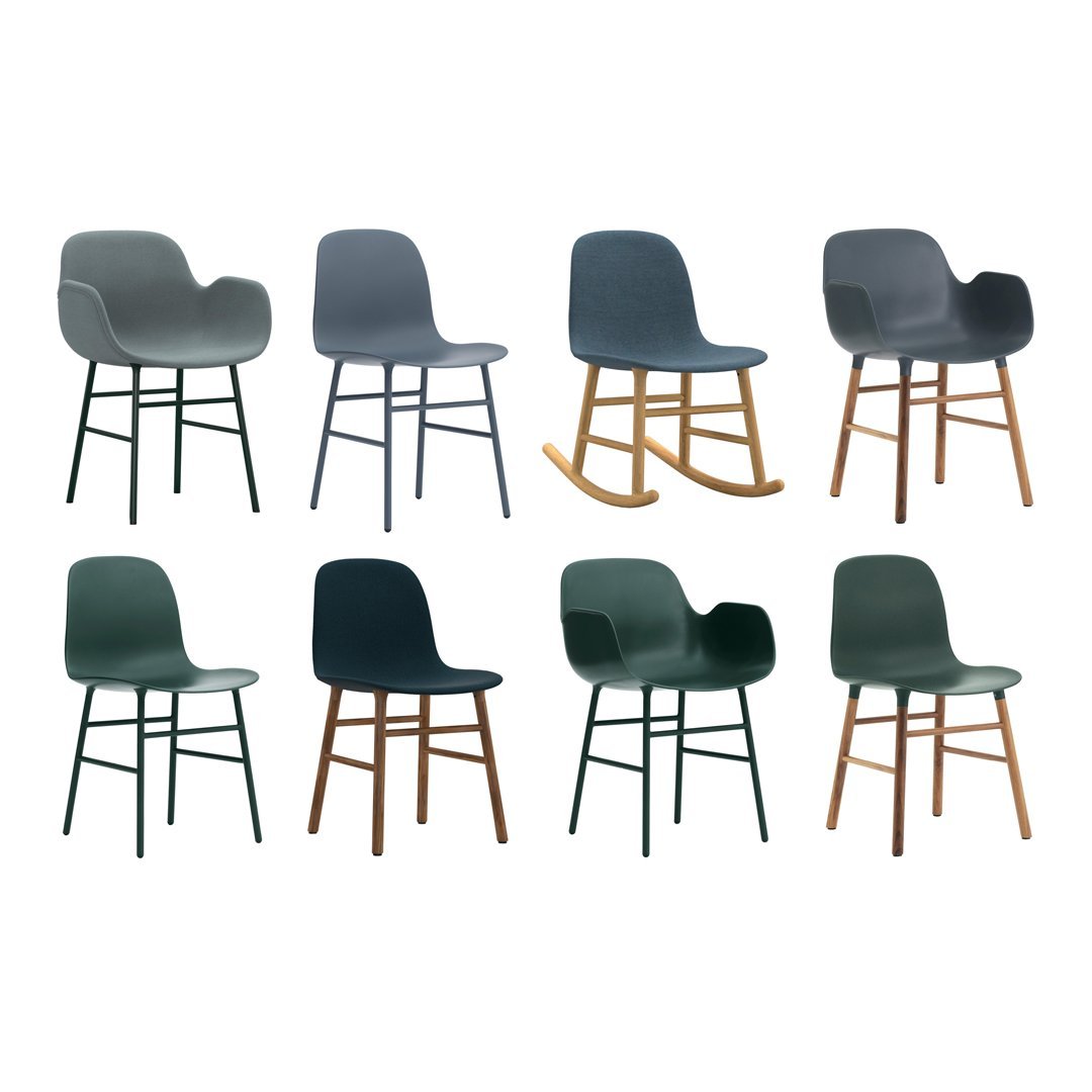 "Collection of modern chairs in dark green, deep blue, and grey, featuring sleek designs and wooden legs."