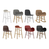 Assorted bar and dining chairs in neutral, gray, brown, red, and black colors with various styles and patterns.