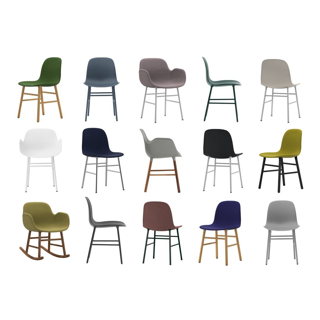 "Colorful chair collection featuring green, gray, white, black, and purple with various textures and wood legs."