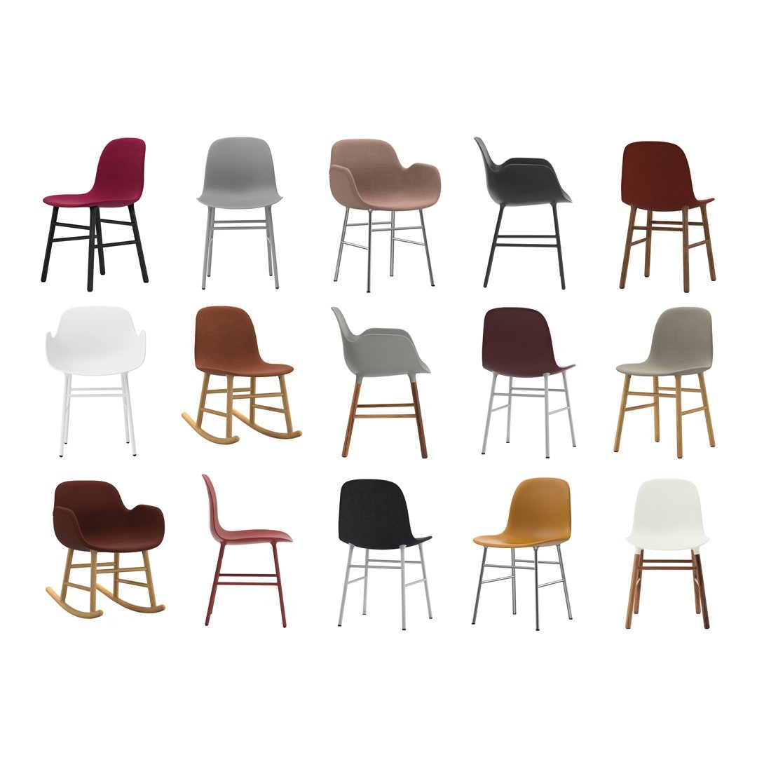 Variety of stylish chairs in colors: burgundy, gray, white, taupe, brown, and soft beige with modern patterns.