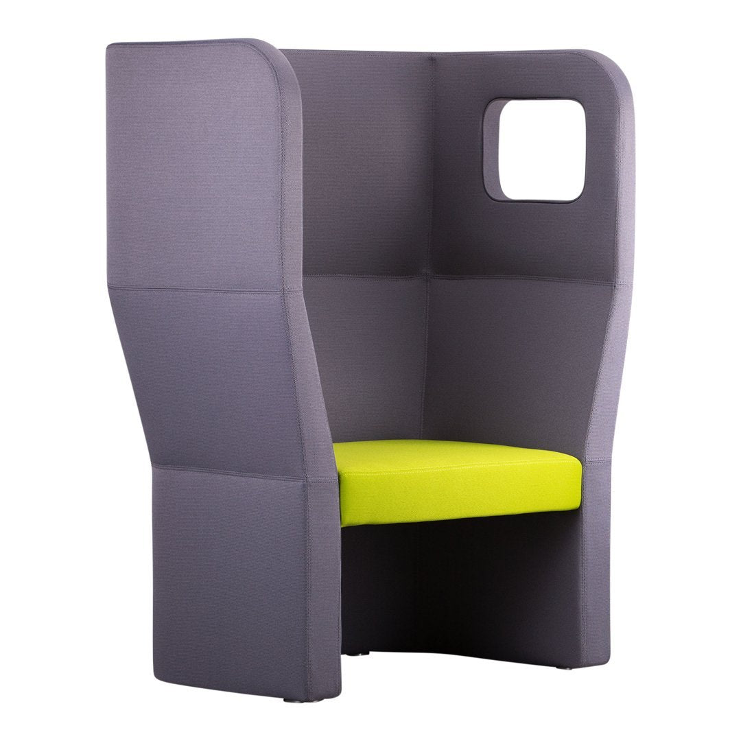 Gray upholstered chair with a vibrant green seat and smooth geometric lines, perfect for modern spaces.