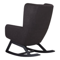 Dark gray rocking chair with a smooth, modern fabric pattern and sleek black wooden base.