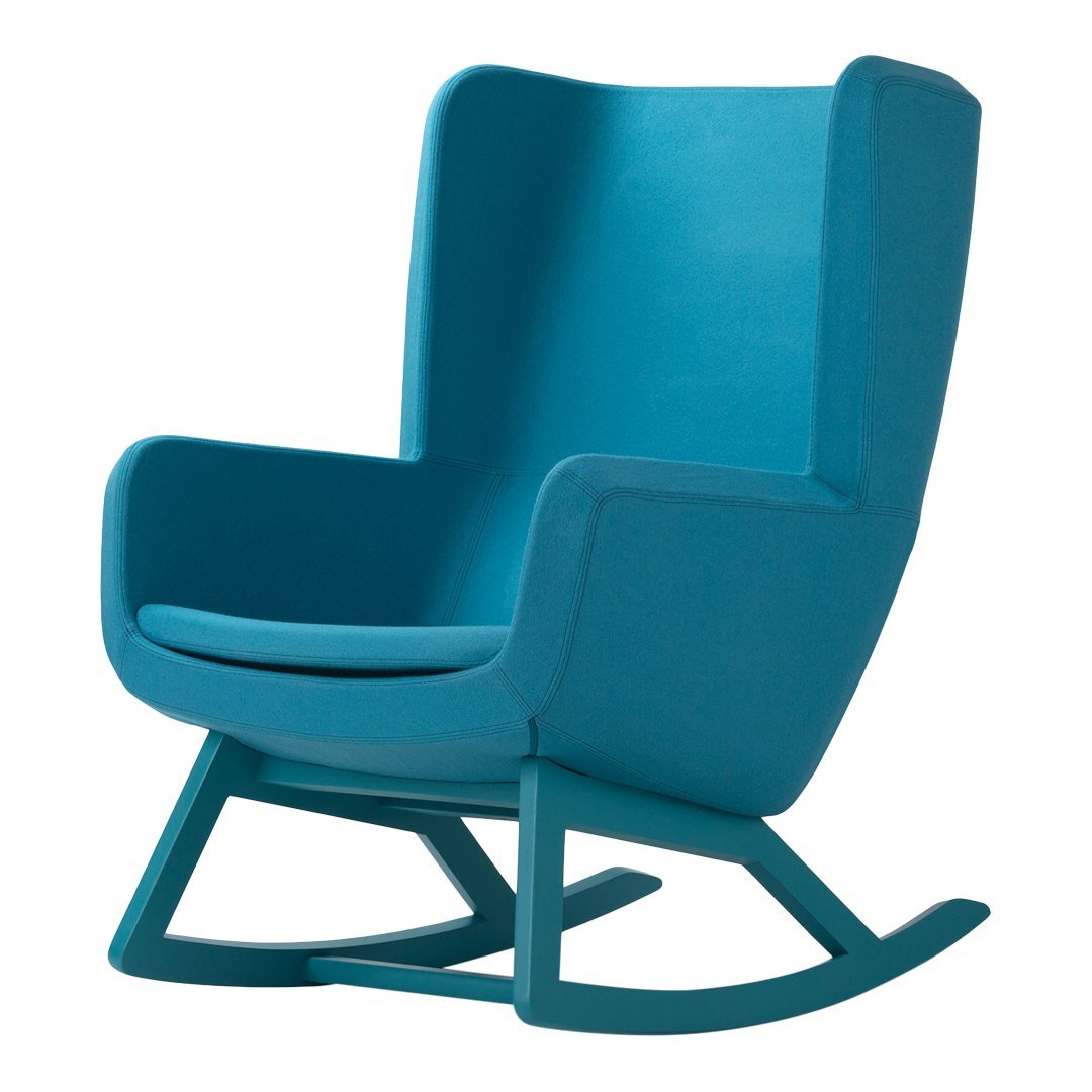 Teal rocking chair with a smooth, solid pattern and modern design, perfect for contemporary decor.
