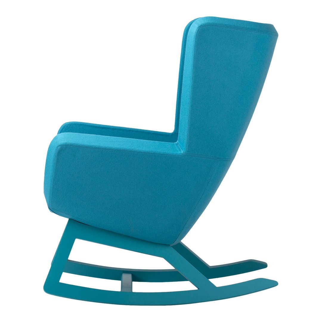 Teal rocking chair with a smooth, minimalist design featuring clean lines and a modern silhouette.