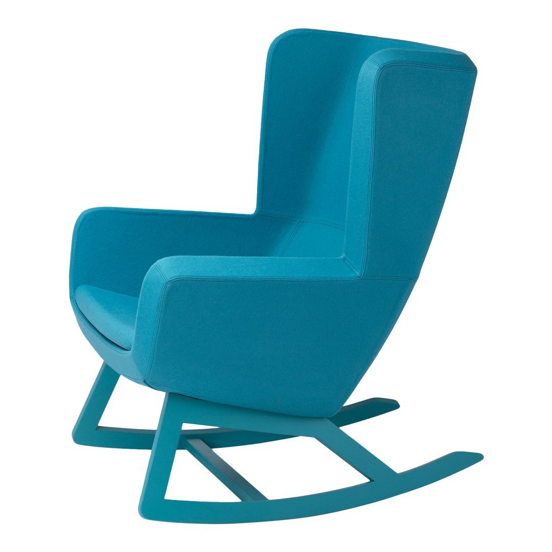 Bright turquoise rocking chair with a smooth, modern design and minimalist silhouette. Perfect for stylish interiors.