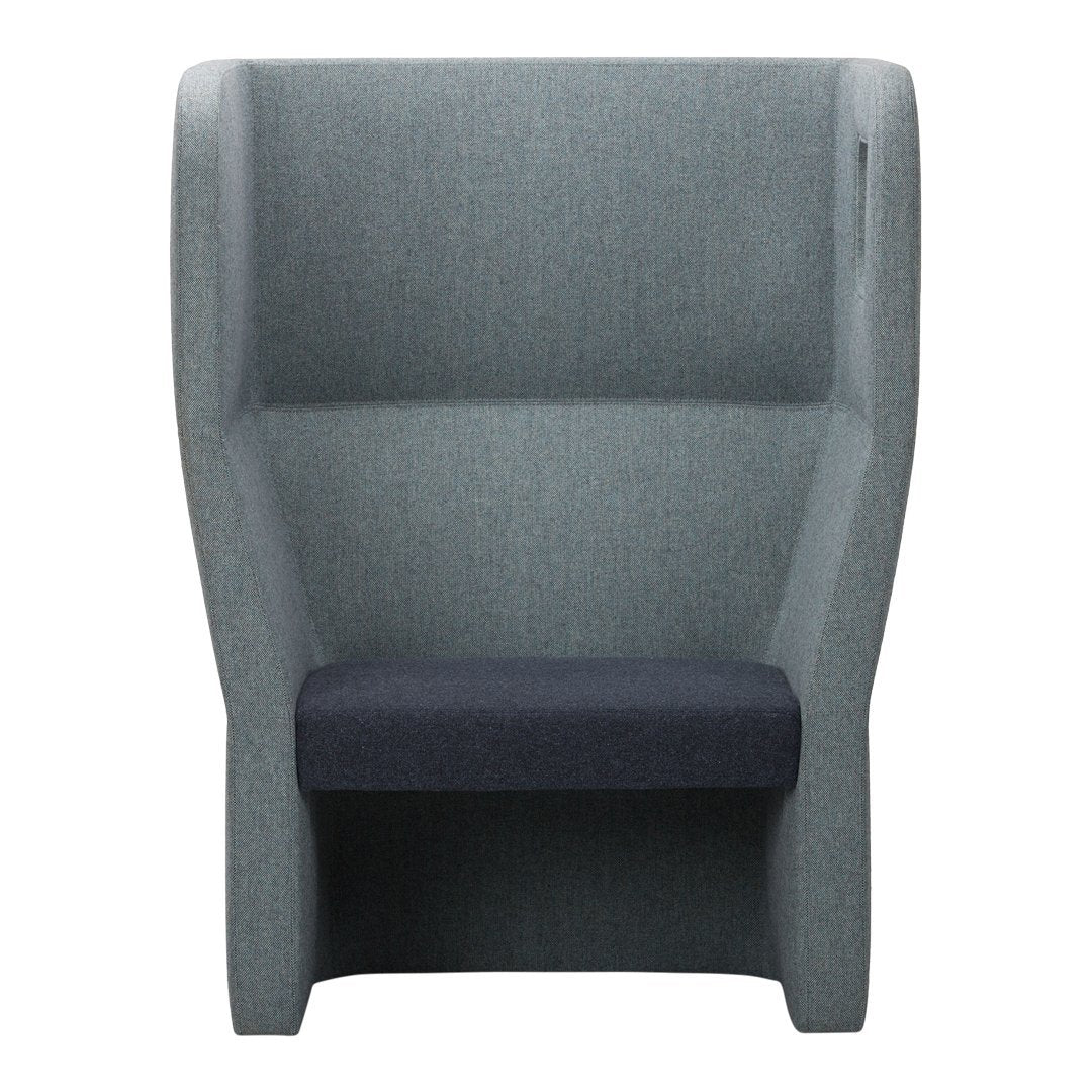 Stylish gray high-back chair with a dark navy seat, featuring a modern, minimalist design.